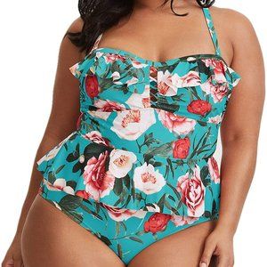 Womens Plus Size Swimwear Peplum Tankini Tummy Control 2 Piece 4X Floral Retro